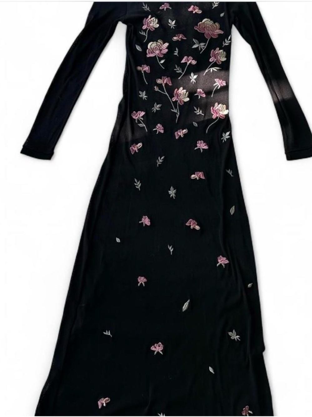 Vivienne Tam Black Mesh Floral Embroidered Long Sleeve Maxi Dress